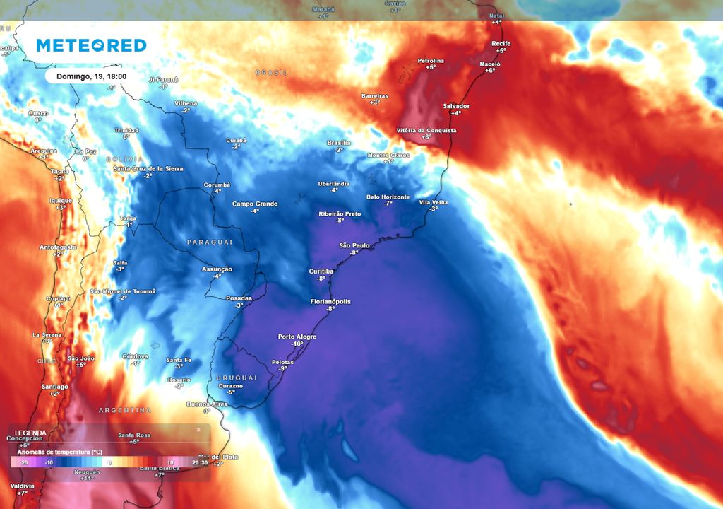 Previsão de anomalias de temperatura em 850 hPa no domingo durante a tarde. Previsão de anomalias de temperatura em 850 hPa no domingo durante a tarde.