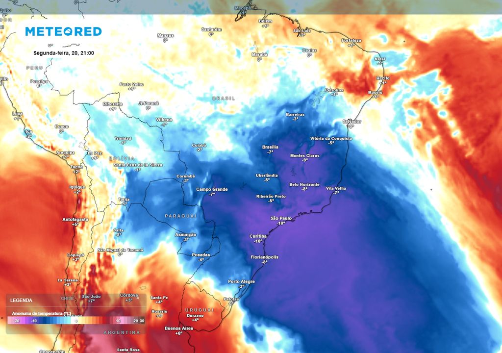 Previsão de anomalias de temperatura em 850 hPa na segunda-feira durante a noite. Previsão de anomalias de temperatura em 850 hPa na segunda-feira durante a noite.