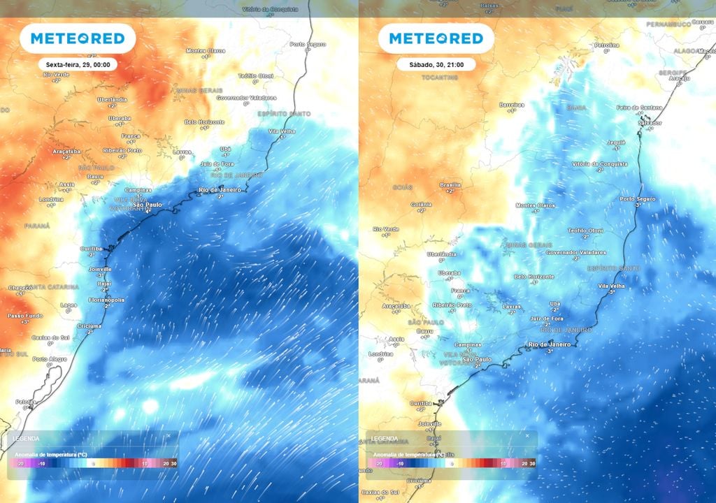 Previsão de anomalias de temperatura em 850 hPa na sexta-feira (esqueda) e no sábado (direita). Previsão de anomalias de temperatura em 850 hPa no início da sexta-feira (esqueda) e no final do sábado (direita) ilustram o avanço da massa de ar frio ao longo do próximo final de semana.