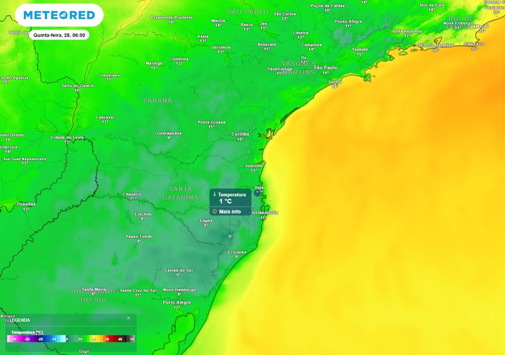 Previsão de temperaturas mínimas na quinta-feira durante o início da manhã. Previsão de temperaturas mínimas na quinta-feira durante o início da manhã mostra que grande parte da região Sul registrará temperaturas abaixo de 10°C. Há risco de geadas.