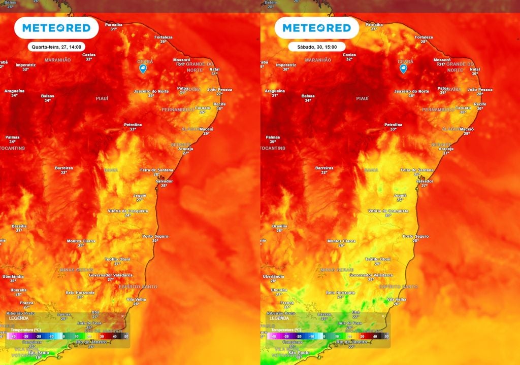 Previsão de temperaturas máximas na quarta-feira (esquerda) e no sábado (direita). Previsão de temperaturas máximas na Bahia na quarta-feira (esquerda) e no sábado (direita) ilustra uma queda de alguns graus nas temperaturas ao longo do próximo final de semana.