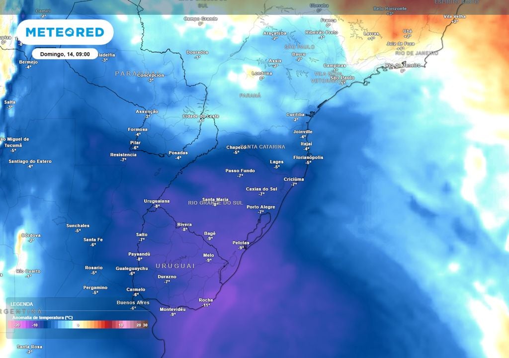 Previsão de anomalias de temperatura em 850 hPa no domingo durante a manhã mostra a massa de ar frio avançando por boa parte do centro-sul do Brasil já no próprio domingo.
