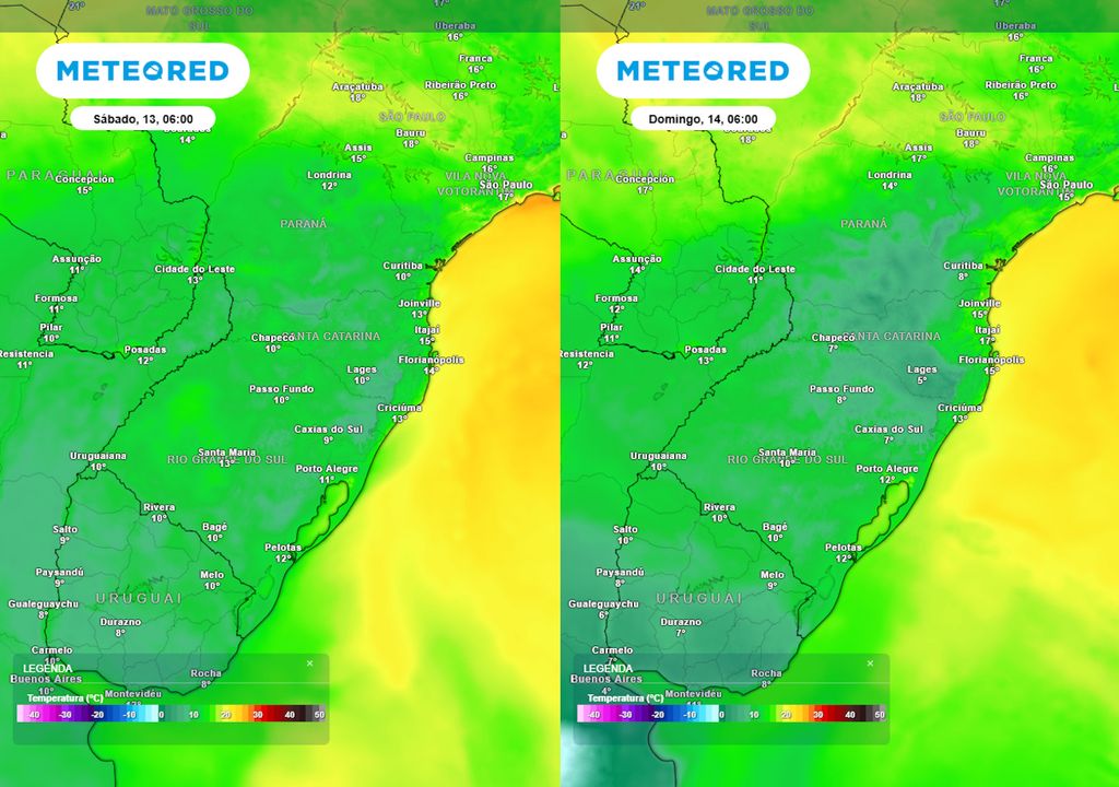 Previsão de temperaturas mínimas no sábado (esquerda) e no domingo (direita) ilustram quais estados serão mais afetados pela queda das temperaturas ao longo deste final de semana.