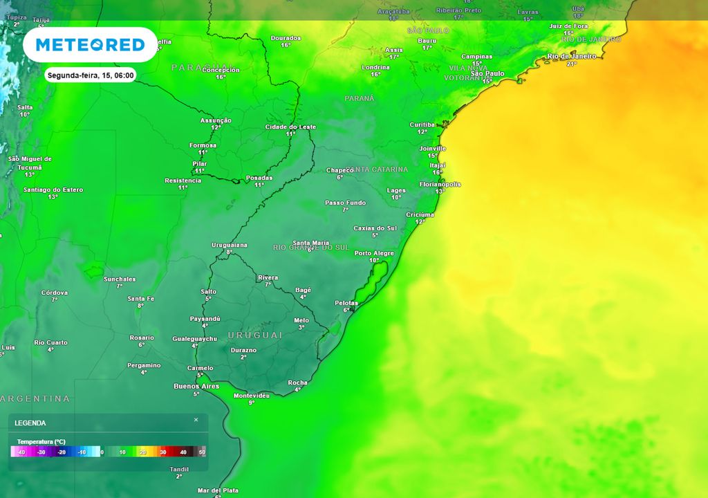 Previsão de temperaturas mínimas na segunda-feira mostra que grande parte do Rio Grande do Sul registrará temperaturas abaixo dos 10°C, com múltiplos municípios registrando geadas.