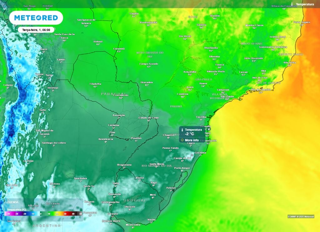 Temperatura mínima prevista para o centro-sul do Brasil na manhã de terça-feira (1).