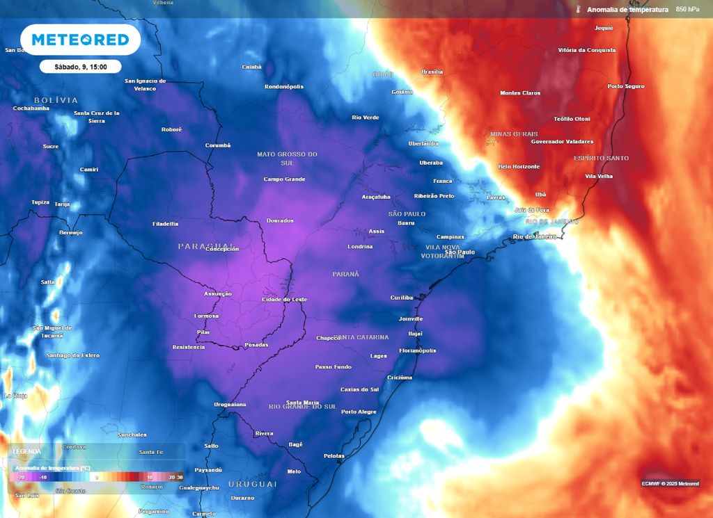 Anomalia de temperatura em 850 hPa na tarde de sábado (9) mostra a intensa massa de ar polar.