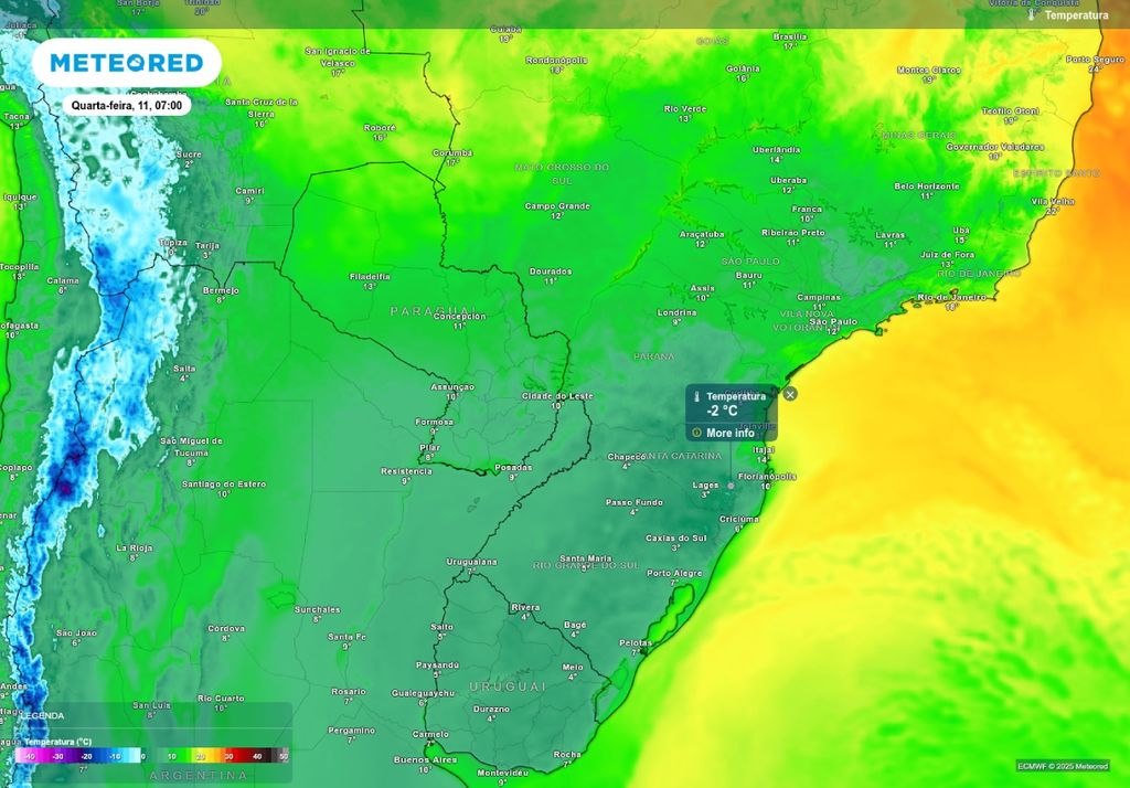 Previsão de temperatura mínima nesta quarta-feira (11), de acordo com o modelo ECMWF.