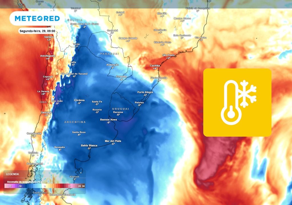 Previsão de anomalias de temperatura em 850 hPa mostra uma nova massa de ar frio avançando pelo país no início da semana que vem. O fenômeno será menos intenso do que o anterior.
