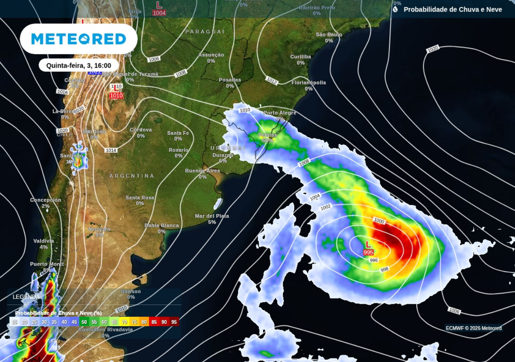 Previsão de probabilidade de chuva (cores) e ciclone (L) para quinta-feira (3), segundo o ECMWF. Previsão de probabilidade de chuva (cores) e ciclone (L) para quinta-feira (3), segundo o ECMWF.