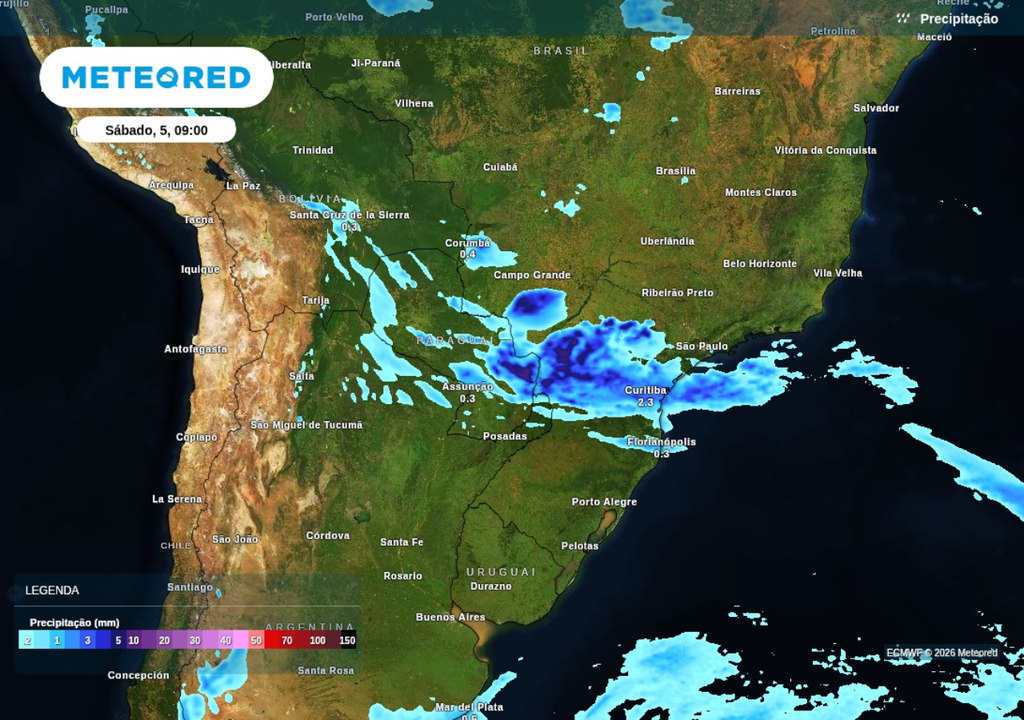 Previsão de chuva neste sábado (5), segundo o ECMWF. Previsão de chuva neste sábado (5), segundo o ECMWF.