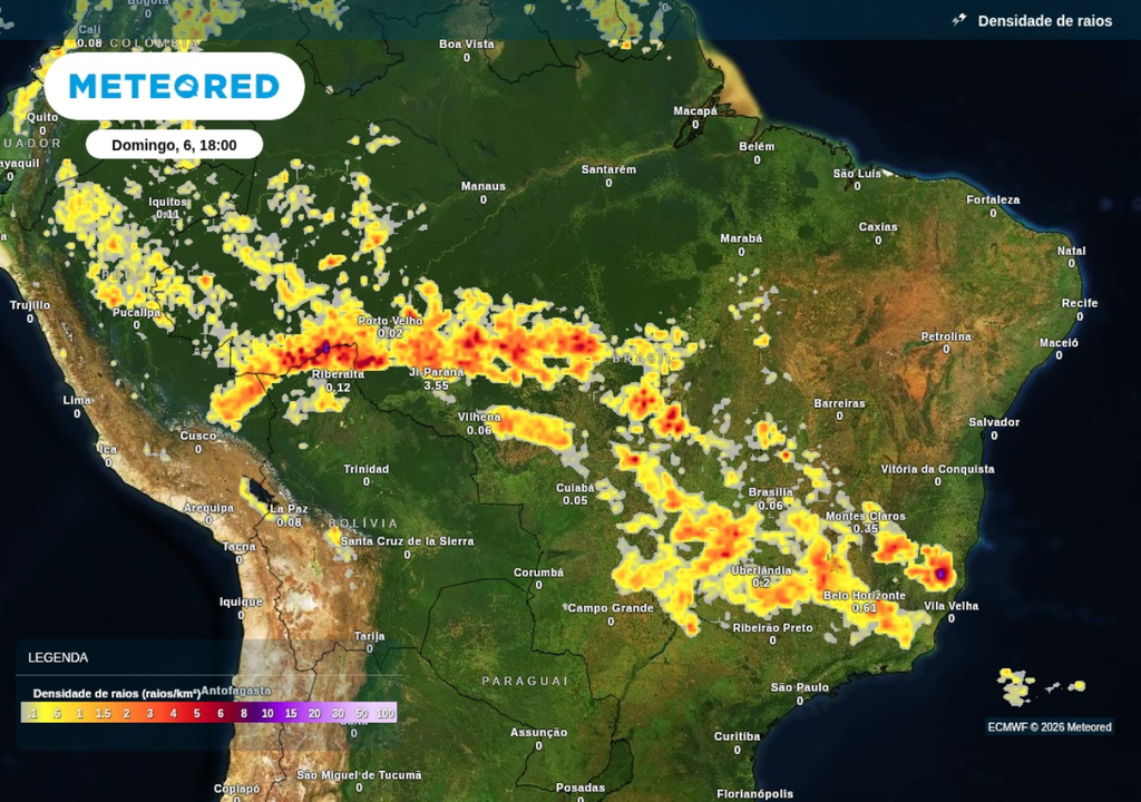 Previsão de tempestades neste domingo (6), segundo o ECMWF. Previsão de tempestades neste domingo (6), segundo o ECMWF.