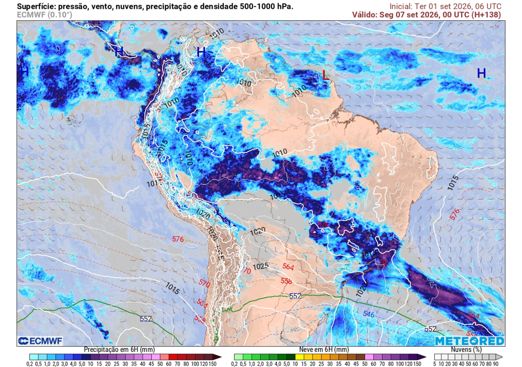 Previsão de chuva para segunda-feira (7), segundo o ECMWF. Previsão de chuva para segunda-feira (7), segundo o ECMWF.