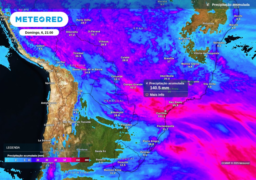 Previsão de acumulado de chuva (mm) até o final de segunda-feira (7), segundo o ECMWF. Previsão de acumulado de chuva (mm) até o final de segunda-feira (7), segundo o ECMWF.