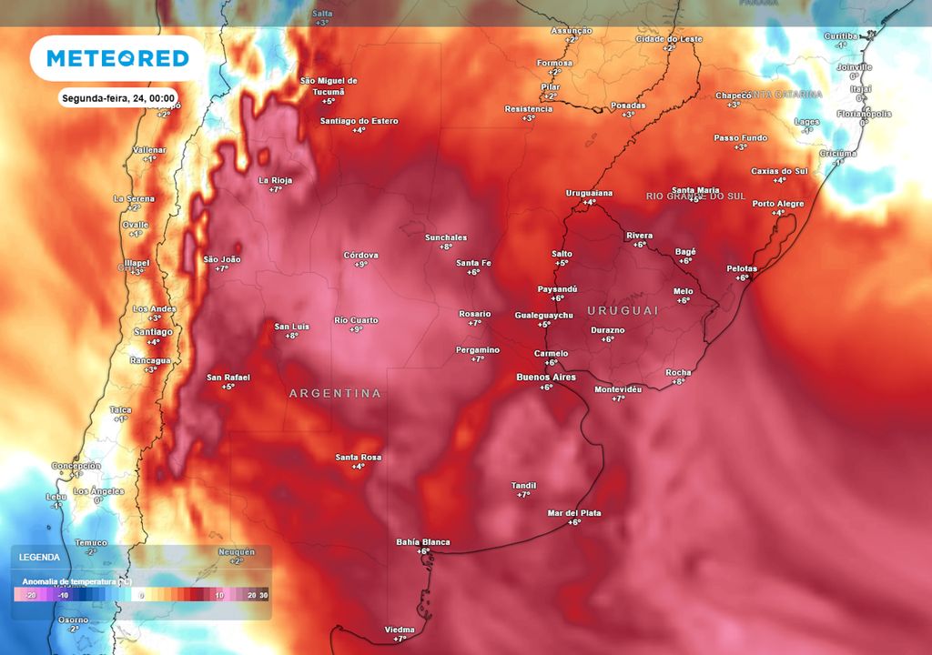 Previsão de anomalia de temperaturas em 850 hPa no início da próxima segunda-feira. Previsão de anomalia de temperaturas em 850 hPa no início da próxima segunda-feira.