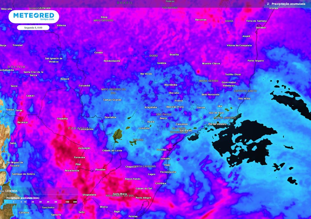 Previsão de acumulados de chuva até domingo (07).