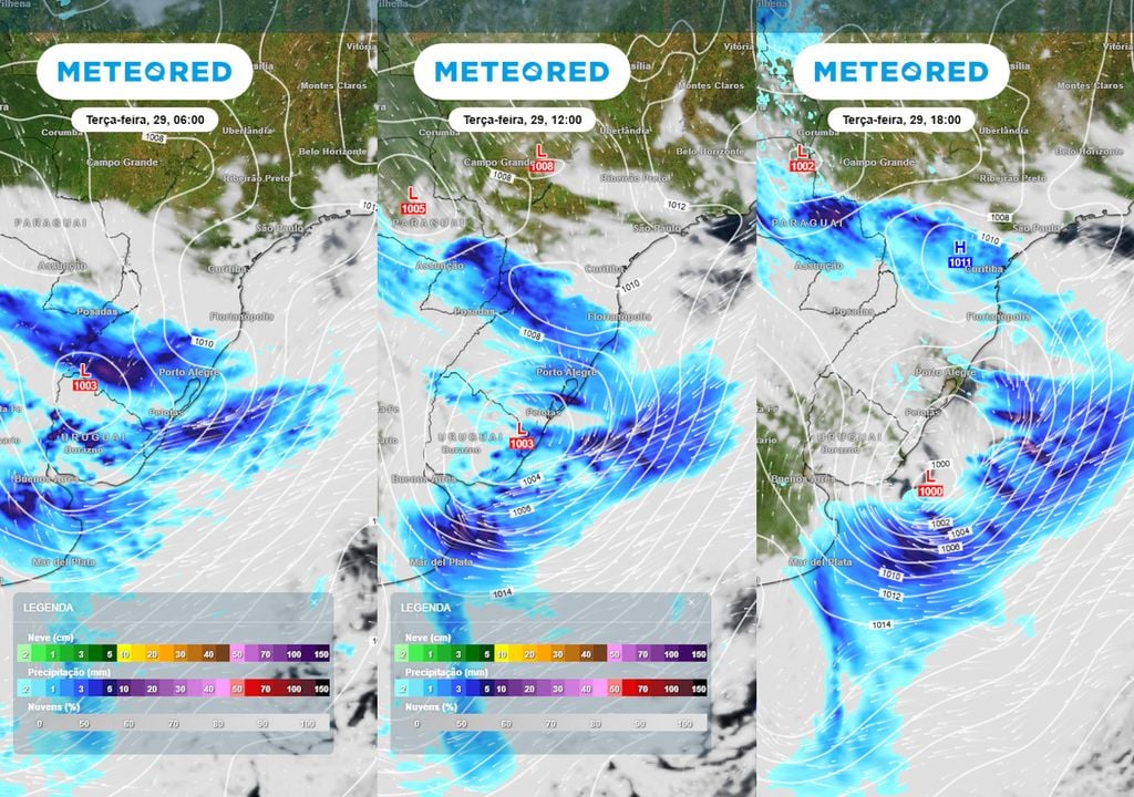 Previsão de pressão, nebulosidade e chuva ao longo da terça-feira. Previsão de pressão, nebulosidade e chuva ao longo da terça-feira mostra a evolução do ciclone e o avanço de sua frente fria associada pela região Sul ao longo do dia, causando tempestades.