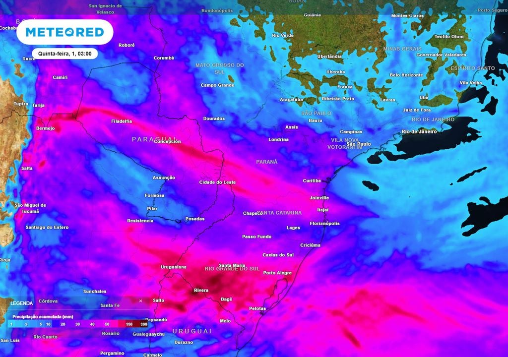 Previsão de acumulados totais de chuva até a madrugada de quinta-feira. Previsão de acumulados totais de chuva até a madrugada de quinta-feira mostra que os acumulados totais podem chegar a 220 mm no RS e a 150 mm no PR, causando transtornos.