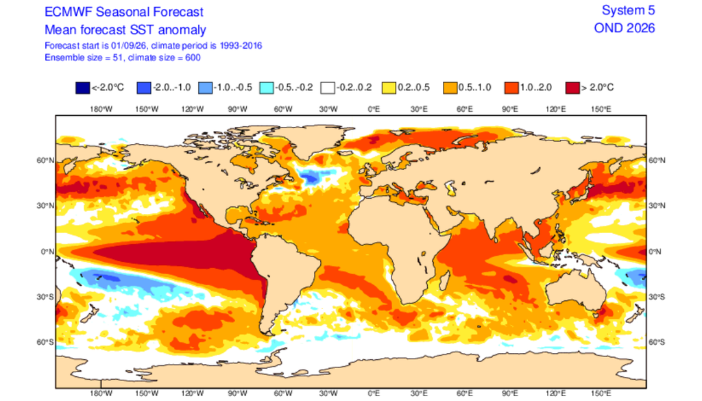 Previsão de anomalia de temperatura para o trimestre de Outubro-Novembro-Dezembro, segundo o ECMWF, destacando uma ampla área com temperaturas acima de 2°C. Créditos: ECMWF.