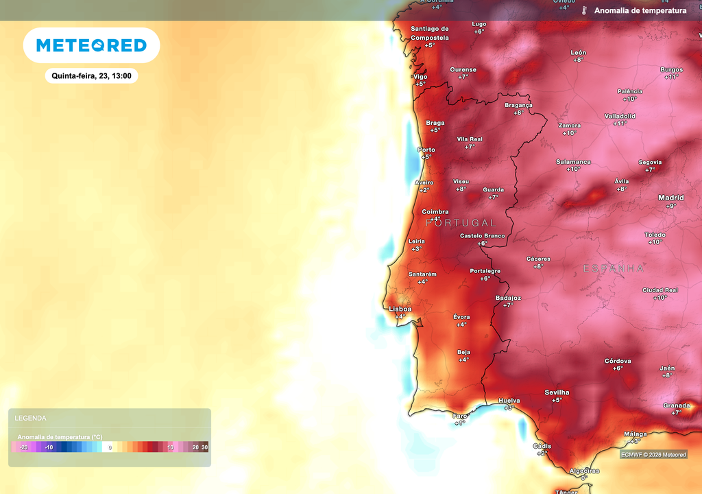 Anomalia da temperatura prevista para 23 de abril, mostrando valores significativamente acima da média. Este desvio positivo está associado à advecção de ar mais quente e à estabilidade atmosférica induzida pelo padrão de bloqueio em latitudes mais elevadas.