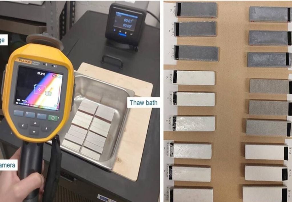 Termografia infravermelha sem contato realizada nas amostras de “telhas”. Foto: Hidalgo-Araujo, et al. (2025)