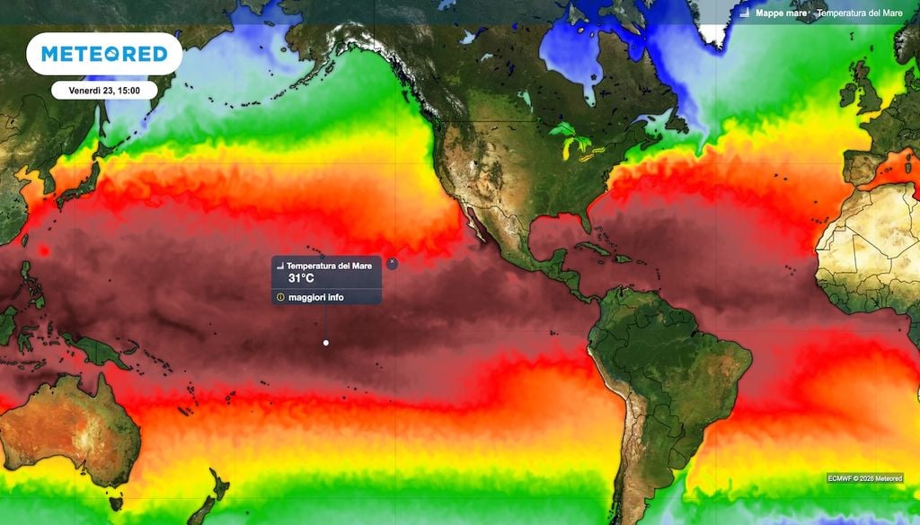 Anche la mappa di temperatura del mare di Meteored coglie bene le calde acque dell'oceano Pacifico. Superati addiritura i 30°C di SST.