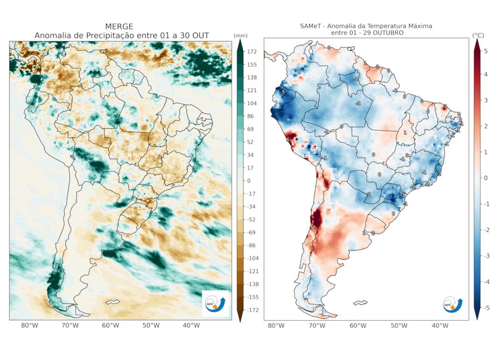 Mapas de anomalias de precipitação (esquerda) e temperatura máxima (direita) para o mês de Outubro.
