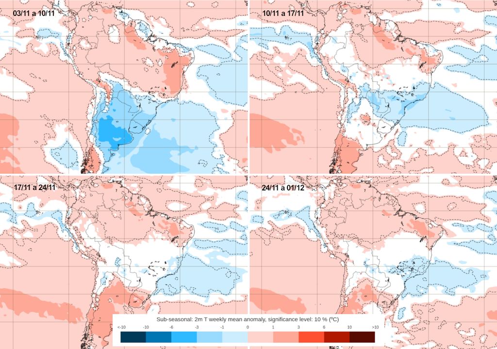 Previsão de anomalias de temperatura semanais para o mês de Novembro (fonte: ECMWF).