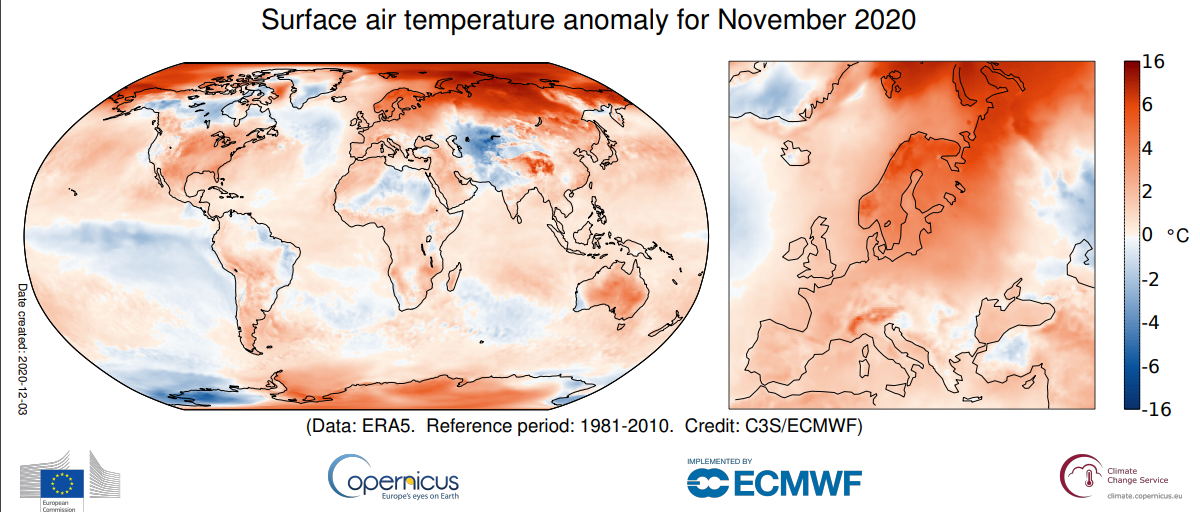 Mapa de anomalías de temperatura superficial noviembre de 2020. Anomalía de la temperatura del aire en la superficie para noviembre de 2020 en relación con el promedio de noviembre para el período 1981-2010. Fuente de datos: ERA5. Crédito: Servicio de Cambio Climático de Copernicus / ECMWF.