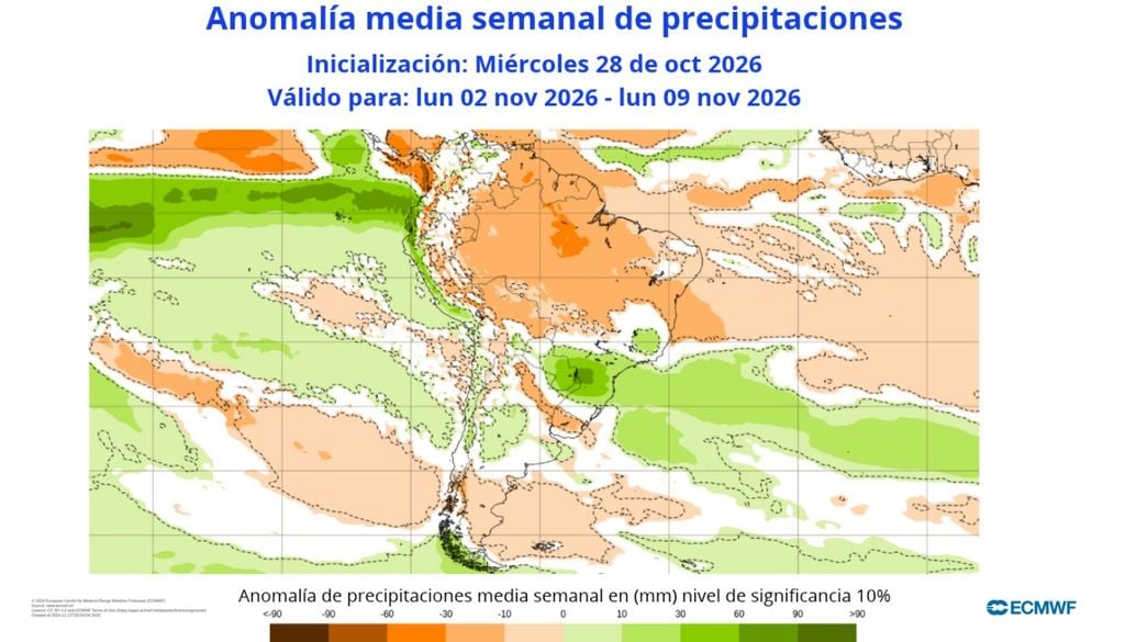 Anomalías de precipitación Las lluvias durante la primera semana de noviembre se concentrarían con más fuerza en zonas del extremo sur y centro del país.