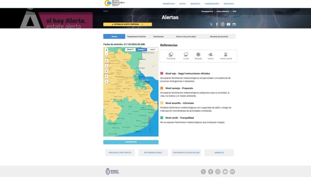 Alerta por tormentas Al momento de emisión de este informe CABA no se encuentra incluída en alerta amarilla por tormentas fuertes para el domingo 1 de Noviembre de 2026.