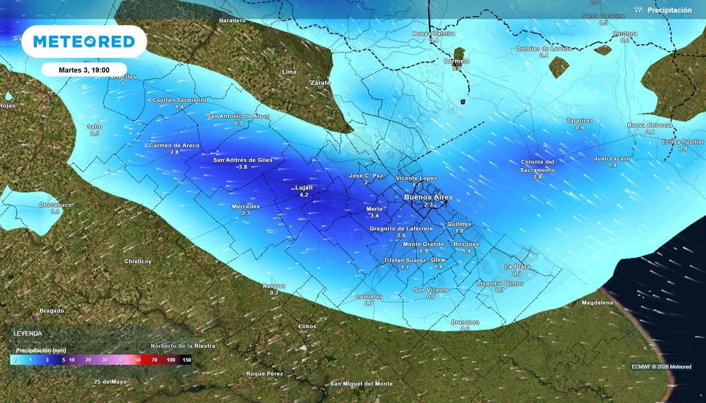 Precipitación martes 3 de Noviembre a las 19 h. Probables precipitaciones débiles según el modelo ECMWF hacia el fin de la tarde del martes 3 de Noviembre en Buenos Aires.