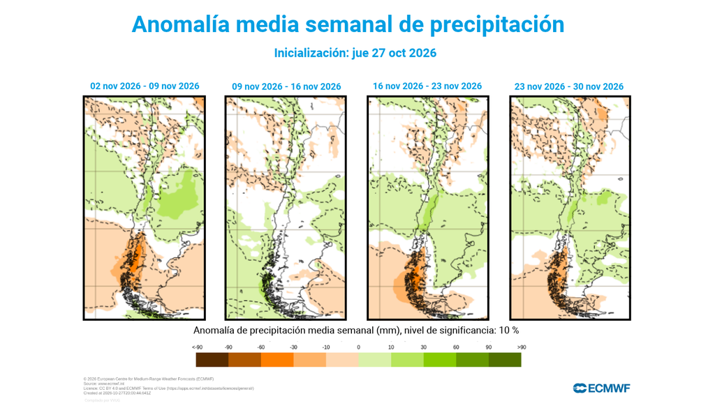 anomalías de precipitación El corredor de lluvias hacia la zona Central y Sur de Chile estará abierto durante noviembre. Se espera que la segunda quincena del mes sea más lluviosa que la primera.