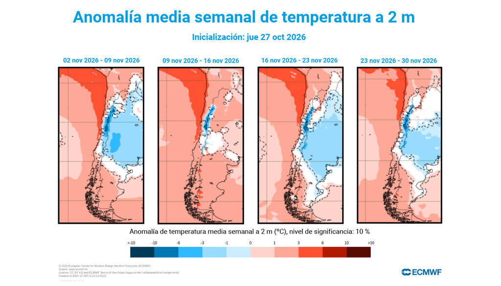 anomalías de temperaturas Chile tendrá un noviembre con temperaturas sobre el promedio en casi la totalidad del territorio continental. Apenas algunos tramos cordilleranos del Norte Chico y del Centro-norte evidenciarán temperaturas más bajas, asociada a nubes y precipitaciones en zonas de los Andes.