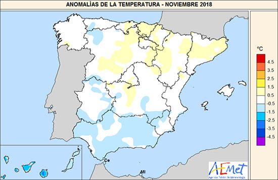 Foto 1: Anomalías de temperatura en España (noviembre de 2018)