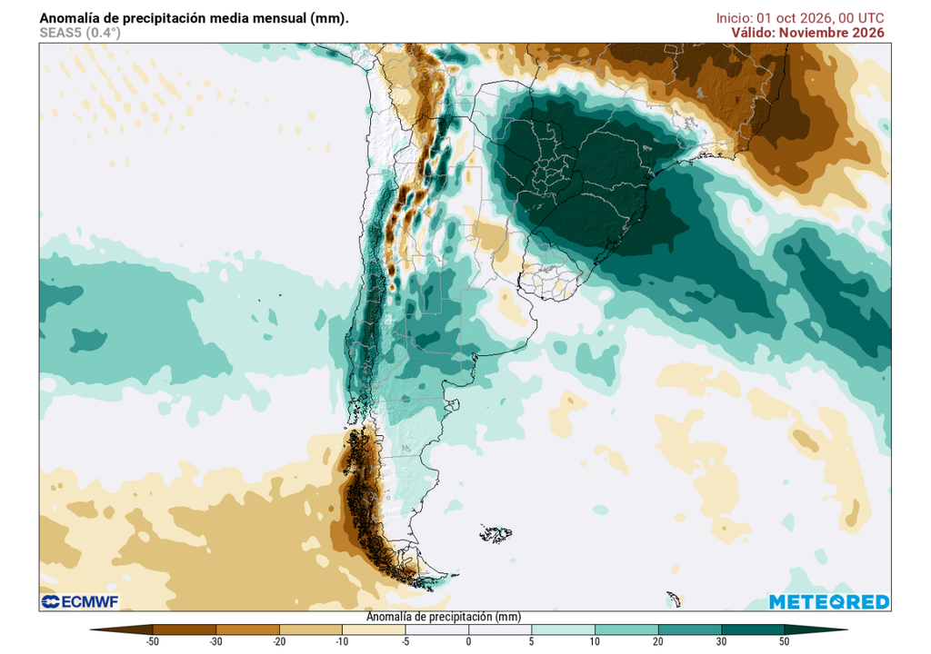 Meteored pronostica que noviembre será lluvioso en varias regiones de Chile Anomalía mensual de precipitación (mm) para noviembre 2026 en Chile. Sobre los valores climatológicos normales (tonos verde), bajo los valores climatológicos normales (tonos marrón) y en torno a los valores climatológicos normales (color blanco).