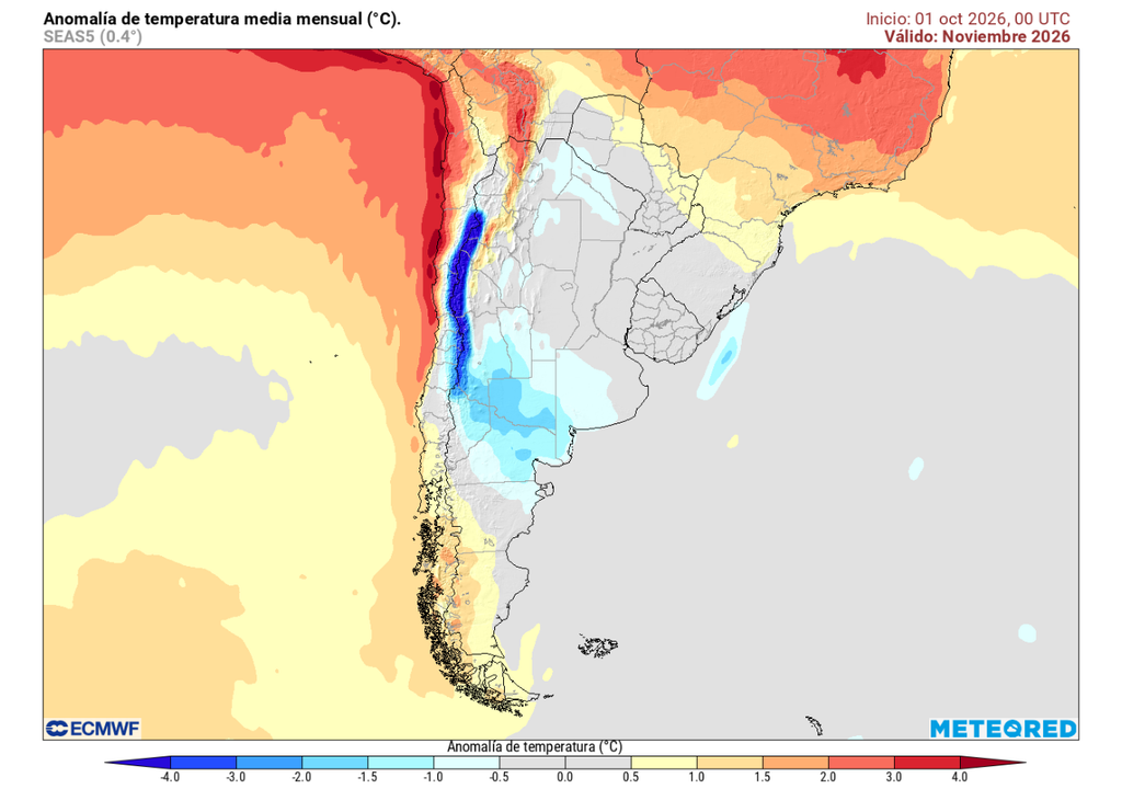 Meteored pronostica que noviembre será lluvioso en varias regiones de Chile Anomalía mensual de temperatura (°C) para noviembre 2026 en Chile. Sobre los valores climatológicos normales (tonos rojo), bajo los valores climatológicos normales (tonos azul) y en torno a los valores climatológicos normales (color gris).