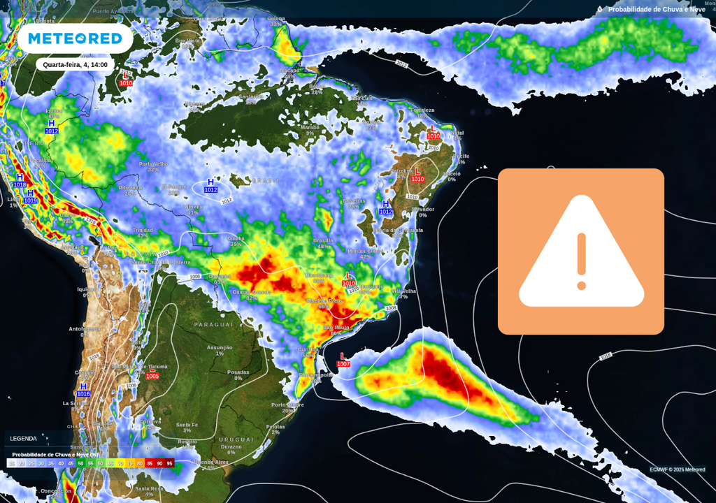 Com suporte de um rio atmosférico, algumas áreas terão chuvas extremas e acumulados de 200 mm.