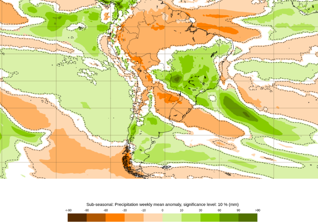 Previsão de anomalia semanal de chuva (mm), de acordo com o ECMWF. Créditos: ECMWF.
