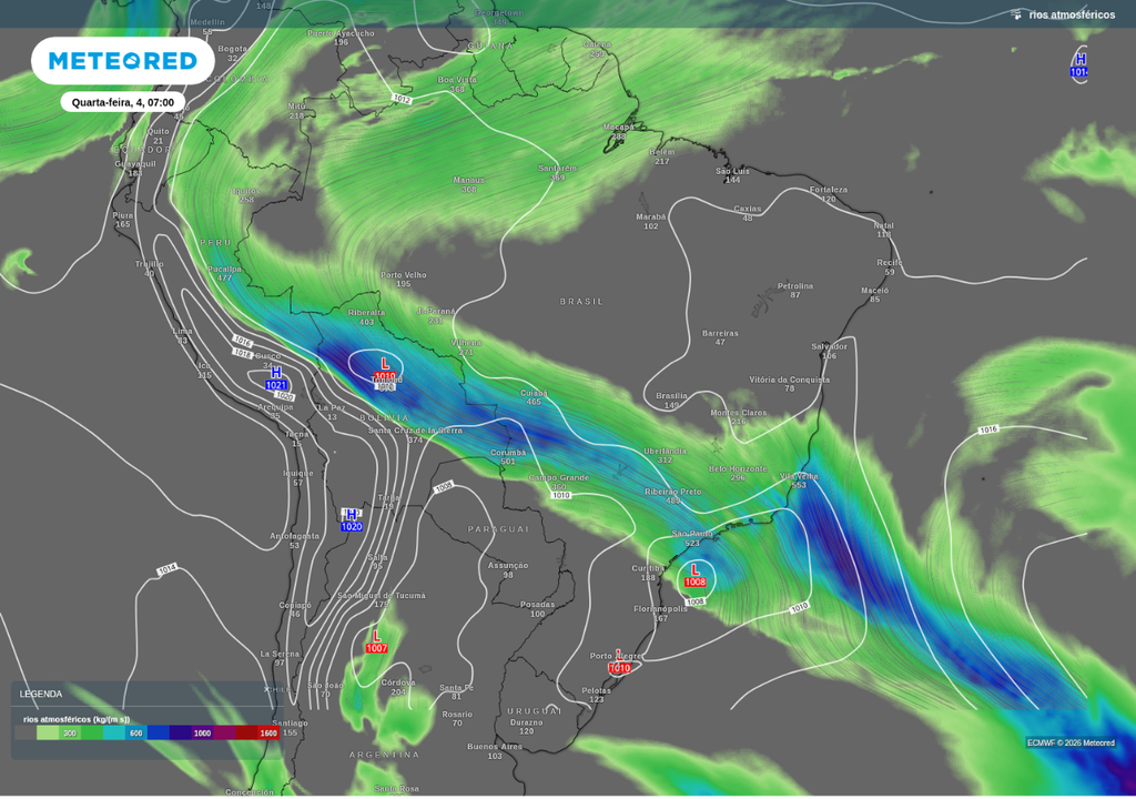 Previsão de ciclone (identificado pela letra L no campo de pressão) e rio atmosférico nesta quarta-feira (4), de acordo com o ECMWF.