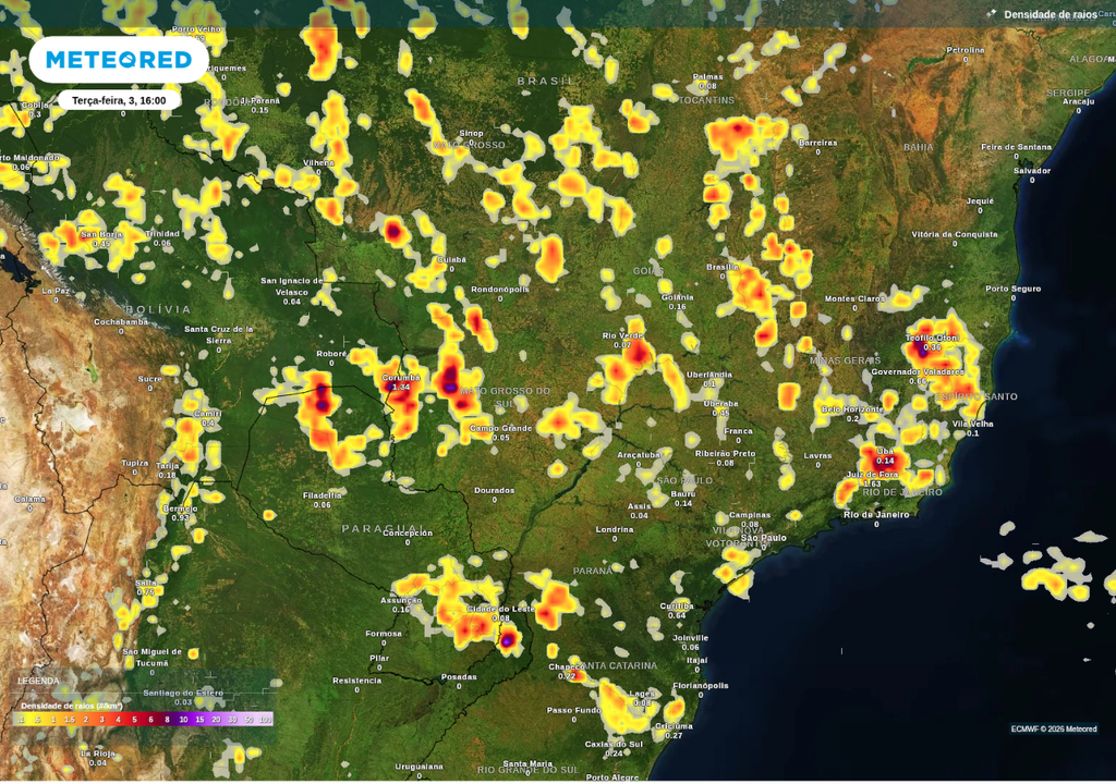 Previsão de tempestades nesta terça-feira (3), de acordo com o ECMWF.