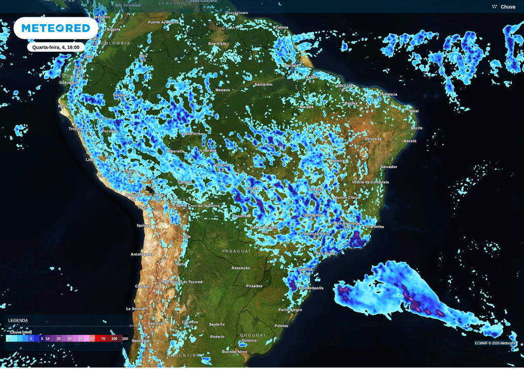 Previsão de chuva nesta quarta-feira (4), de acordo com o ECMWF.