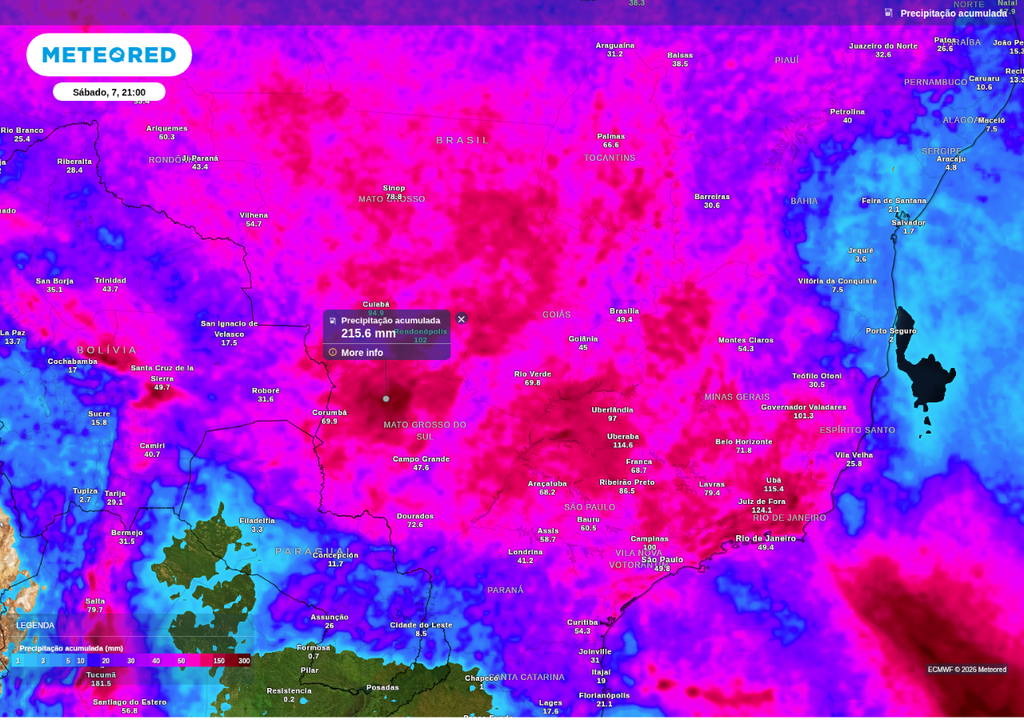 Previsão de chuva acumulada até sábado (7), de acordo com o ECMWF.
