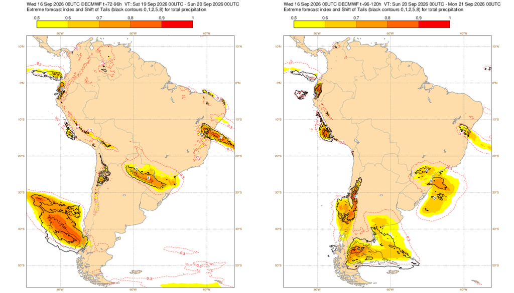 EFI do ECMWF para precipitação neste sábado (18, esquerda) e domingo (19, direita). Créditos: Meteored/ECMWF. EFI do ECMWF para precipitação neste sábado (18, esquerda) e domingo (19, direita). Créditos: Meteored/ECMWF.