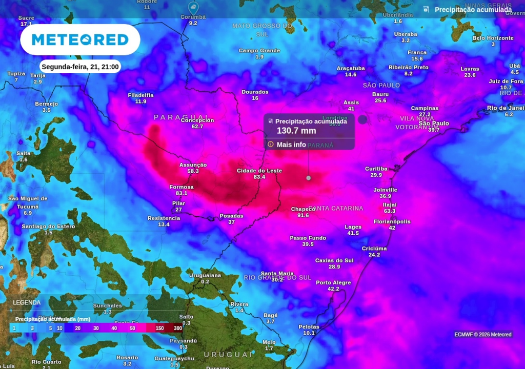 Previsão de chuva acumulada até a noite de segunda-feira (21), segundo o ECMWF. Previsão de chuva acumulada até a noite de segunda-feira (21), segundo o ECMWF.