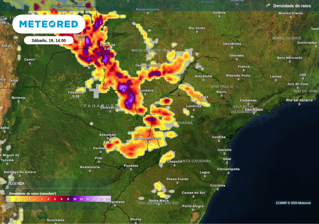 Previsão de tempestades para sábado (19), segundo o ECMWF. Previsão de tempestades para sábado (19), segundo o ECMWF.