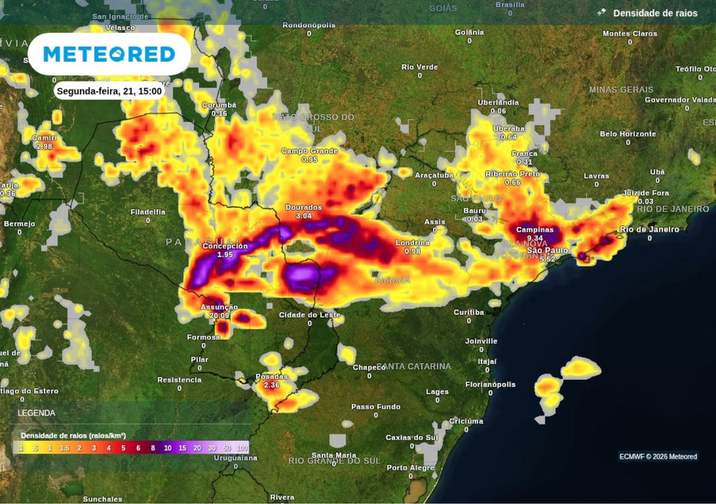 Previsão de tempestades intensas para segunda-feira (21), segundo o ECMWF. Previsão de tempestades intensas para segunda-feira (21), segundo o ECMWF.