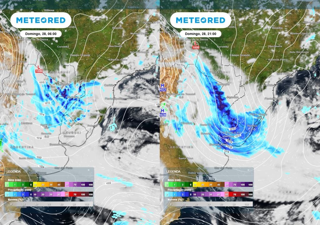 Previsão de pressão, nebulosidade e chuva no domingo de manhã (esquerda) e de noite (direita). Previsão de pressão, nebulosidade e chuva no domingo de manhã (esquerda) e de noite (direita) mostra o desenvolvimento do sistema ao longo do final de semana, causando chuvas.