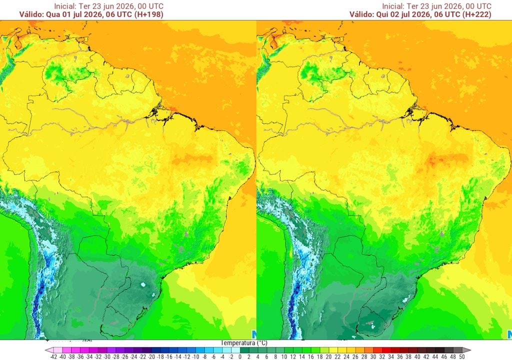 Previsão de temperaturas na quarta-feira (esquerda) e quinta-feira (direita). Previsão de temperaturas na quarta-feira (esquerda) e quinta-feira (direita) da semana que vem mostram que, novamente, temperaturas negativas serão registradas na região Sul.
