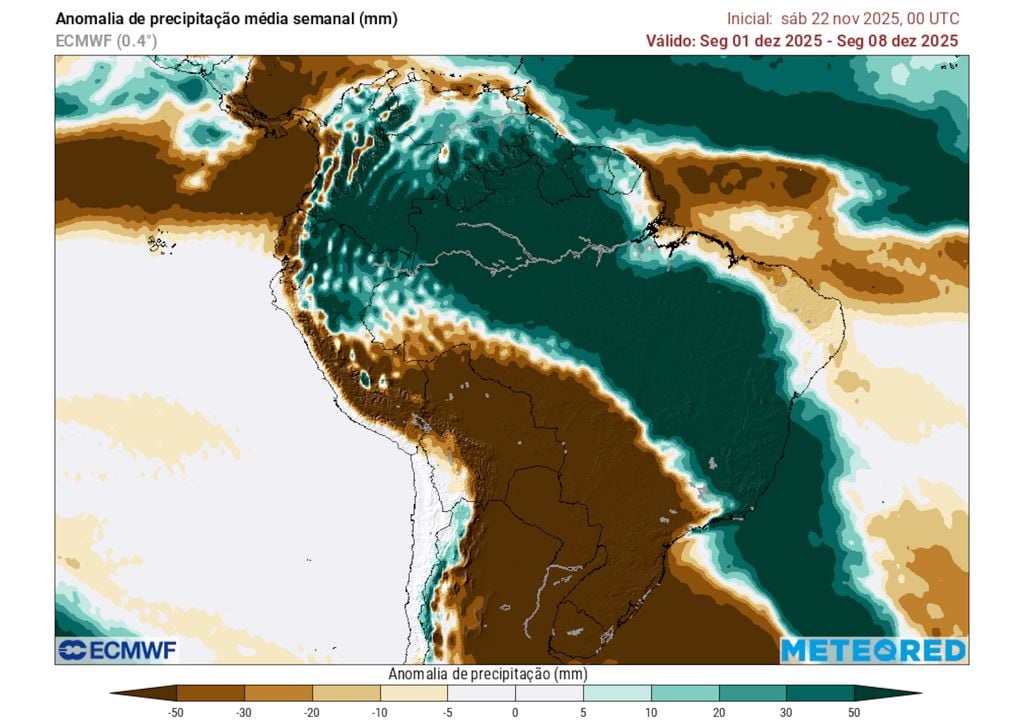 Previsão de anomalias de chuva entre os dias 1 e 8 de dezembro mostra uma faixa intensa de precipitação acima da média sobre parte das regiões Sudeste, Centro-Oeste, Nordeste e Norte.