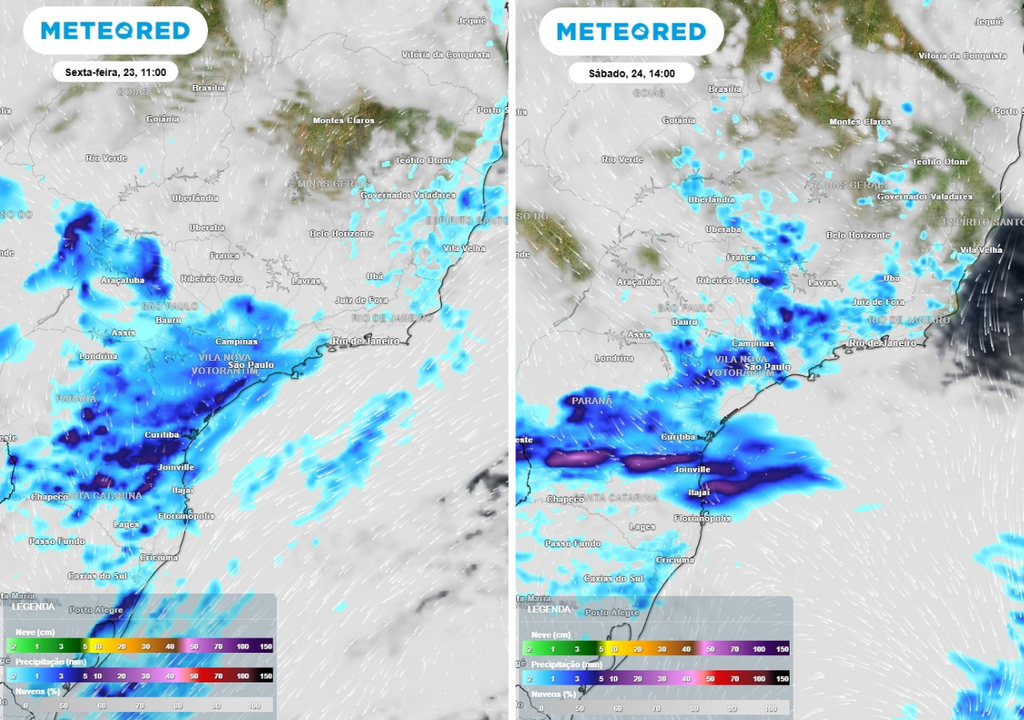Previsão de chuva (mm) e nebulosidade (tons cinza/branco) para sexta-feira (23) às 11h à esquerda e para sábado (24) às 14h à direita, segundo o modelo europeu ECMWF.